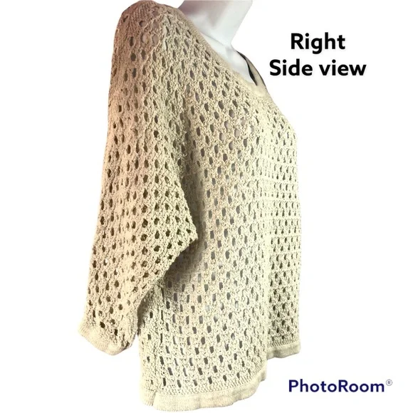 Cabi women light gray knit crochet top, long sleeve, see thru, round neck Sz S - Picture 3 of 10